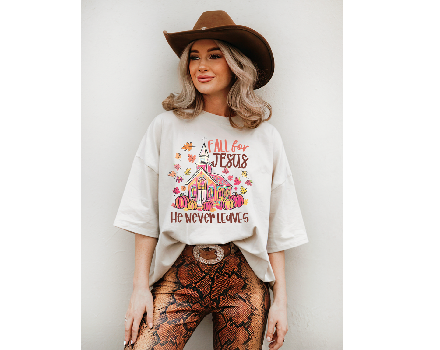 Fall for Jesus He Never Leaves T-Shirt